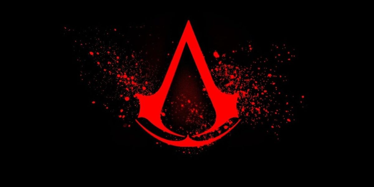 Assassin's Creed serisinin resmi logosu: siyah zemin üzerinde kırmızı mürekkep sıçramalı amblem