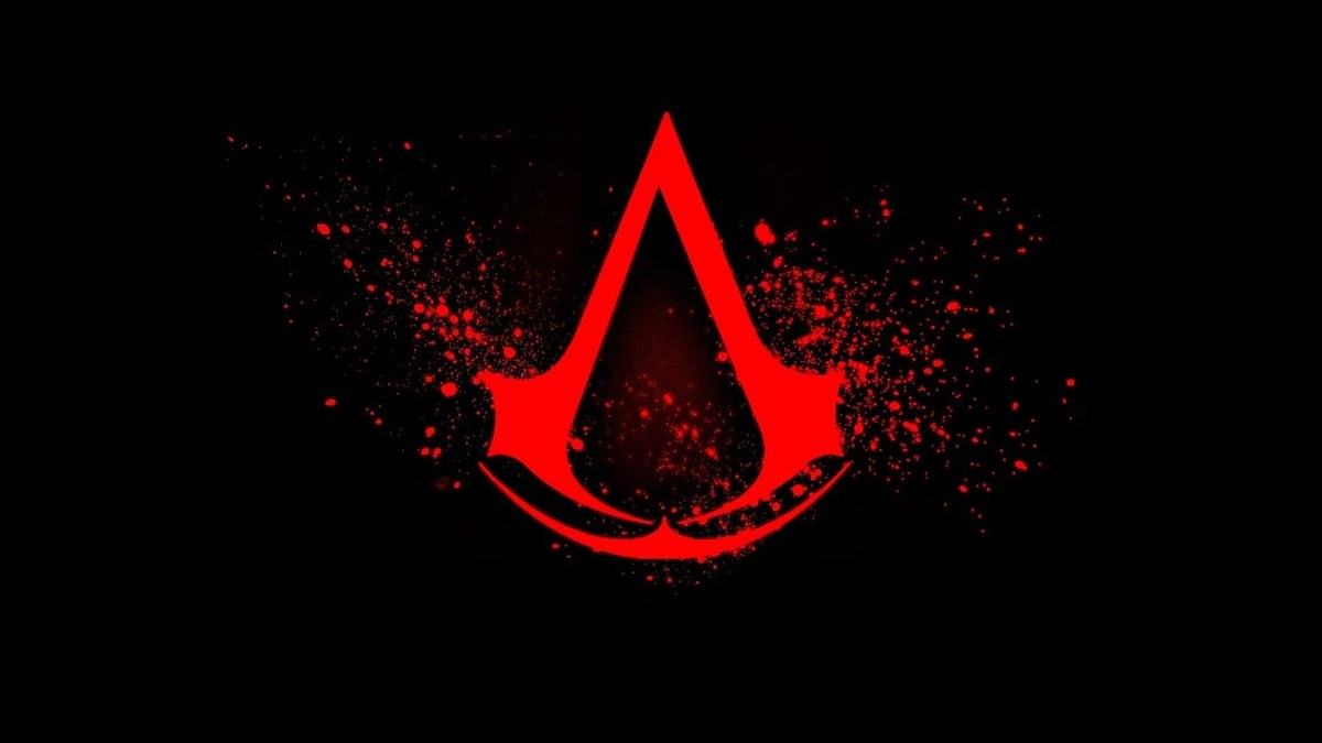 Assassin's Creed serisinin resmi logosu: siyah zemin üzerinde kırmızı mürekkep sıçramalı amblem