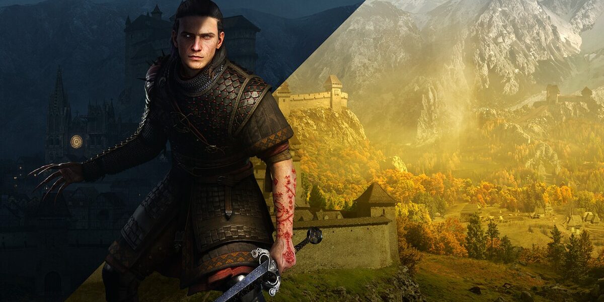 The Blood of Dawnwalker'ın resmi Steam görseli: kılıçlı kahraman Coen ve arka planda güneşli dağ vadisindeki kale