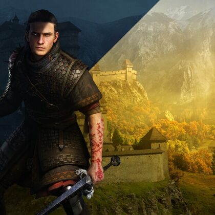 The Blood of Dawnwalker'ın resmi Steam görseli: kılıçlı kahraman Coen ve arka planda güneşli dağ vadisindeki kale