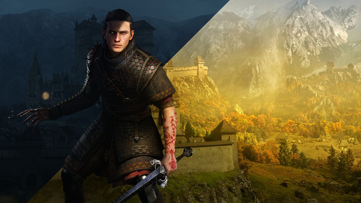 The Blood of Dawnwalker'ın resmi Steam görseli: kılıçlı kahraman Coen ve arka planda güneşli dağ vadisindeki kale