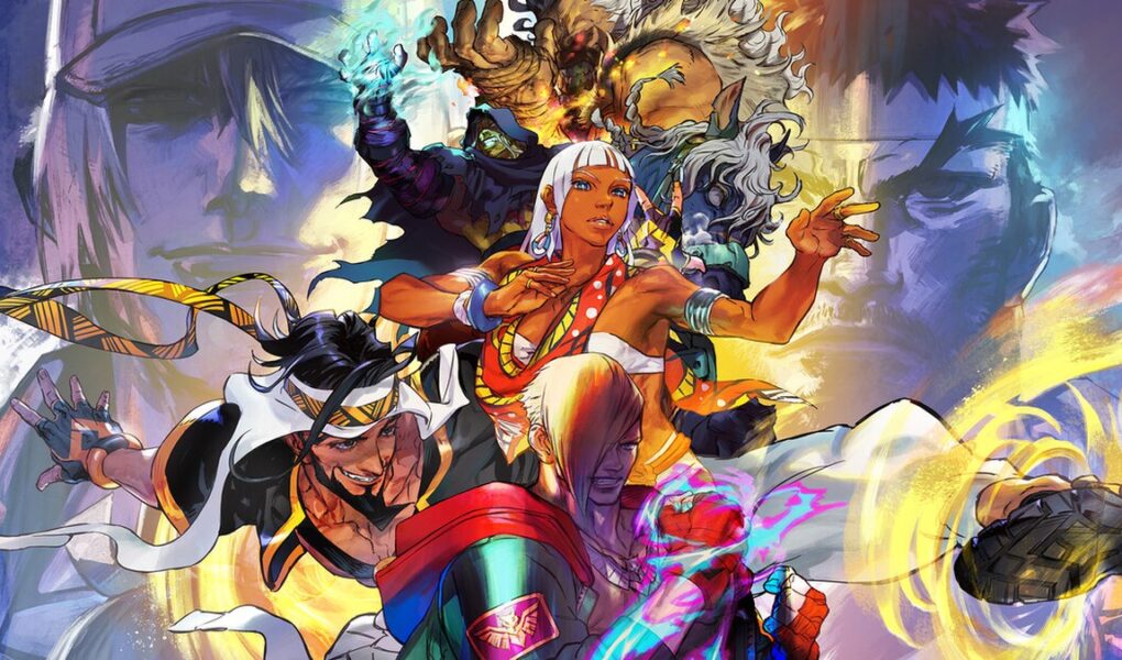 Street Fighter 6'nın resmi Capcom görseli: serinin dövüşçüleri renkli bir çizim üzerinde bir arada