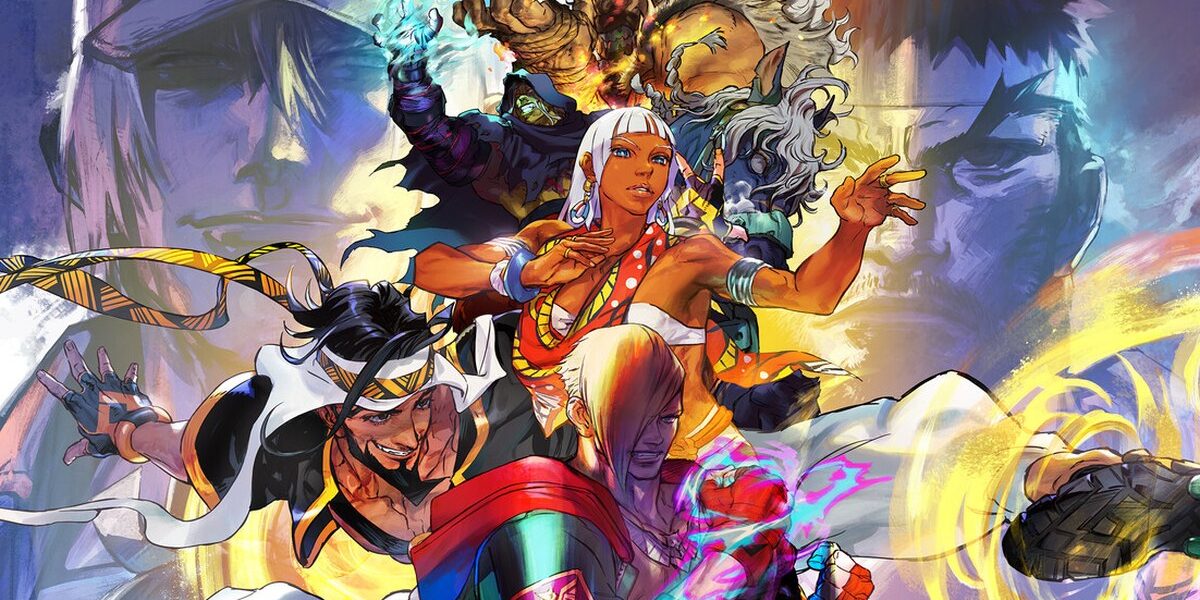 Street Fighter 6'nın resmi Capcom görseli: serinin dövüşçüleri renkli bir çizim üzerinde bir arada