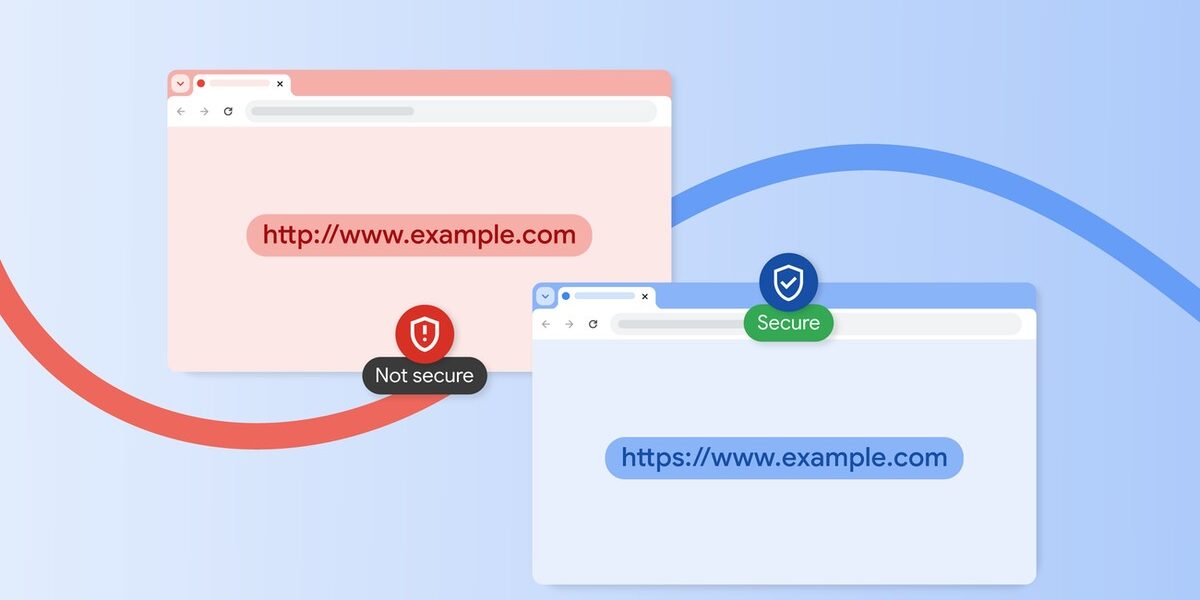 Google'ın Chrome HTTPS duyuru görseli: Güvenli değil uyarılı http adresi ile Güvenli etiketli https adresini karşılaştıran iki tarayıcı penceresi