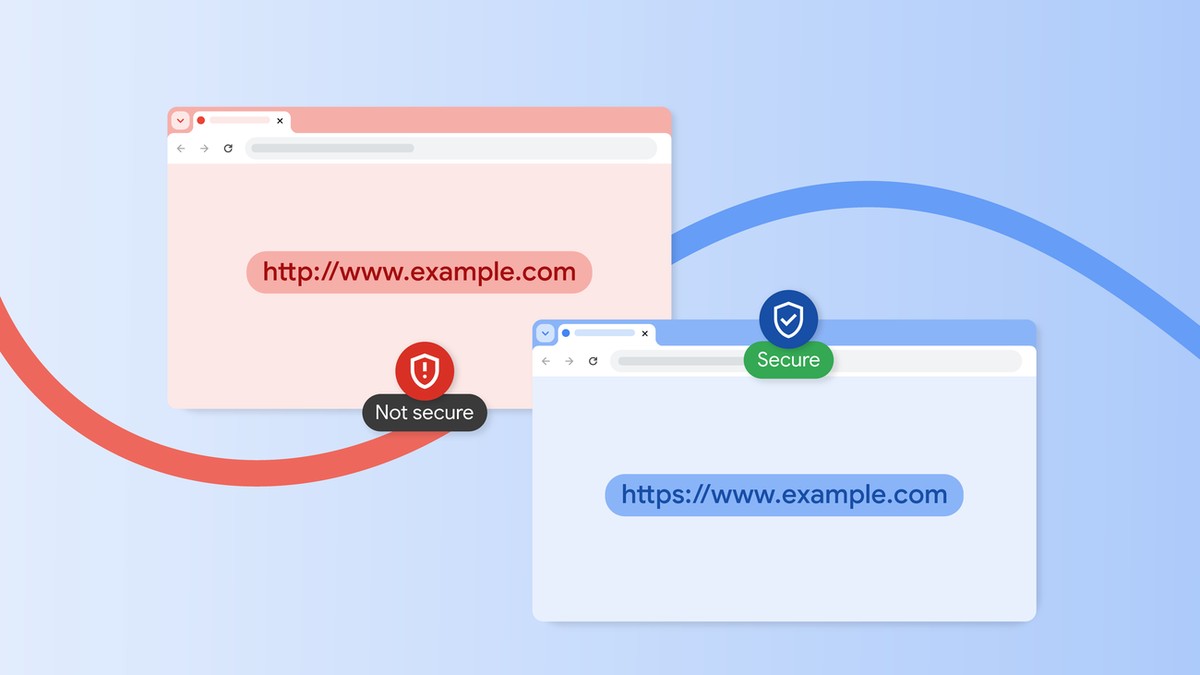 Google'ın Chrome HTTPS duyuru görseli: Güvenli değil uyarılı http adresi ile Güvenli etiketli https adresini karşılaştıran iki tarayıcı penceresi