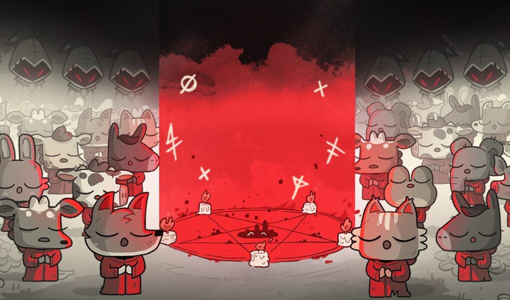 Cult of the Lamb'in resmi Steam görseli: kırmızı bir ayin çemberinin etrafında toplanmış sevimli tarikat üyeleri