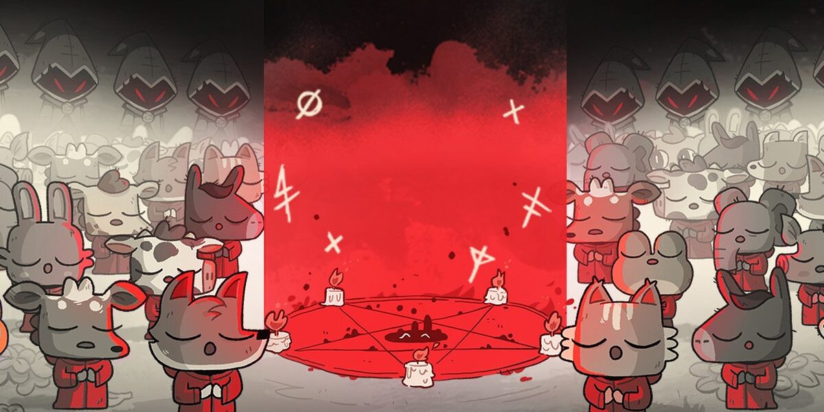 Cult of the Lamb'in resmi Steam görseli: kırmızı bir ayin çemberinin etrafında toplanmış sevimli tarikat üyeleri