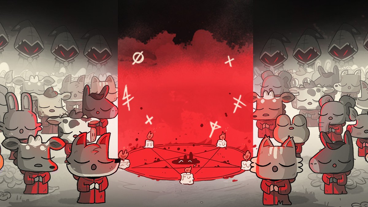 Cult of the Lamb'in resmi Steam görseli: kırmızı bir ayin çemberinin etrafında toplanmış sevimli tarikat üyeleri