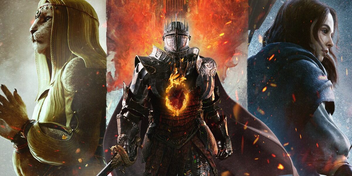 Dragon's Dogma 2'nin resmi Steam görseli: zırhlı Arisen'ın iki yanında aslan yüzlü bir karakter ve okçu bir kadın