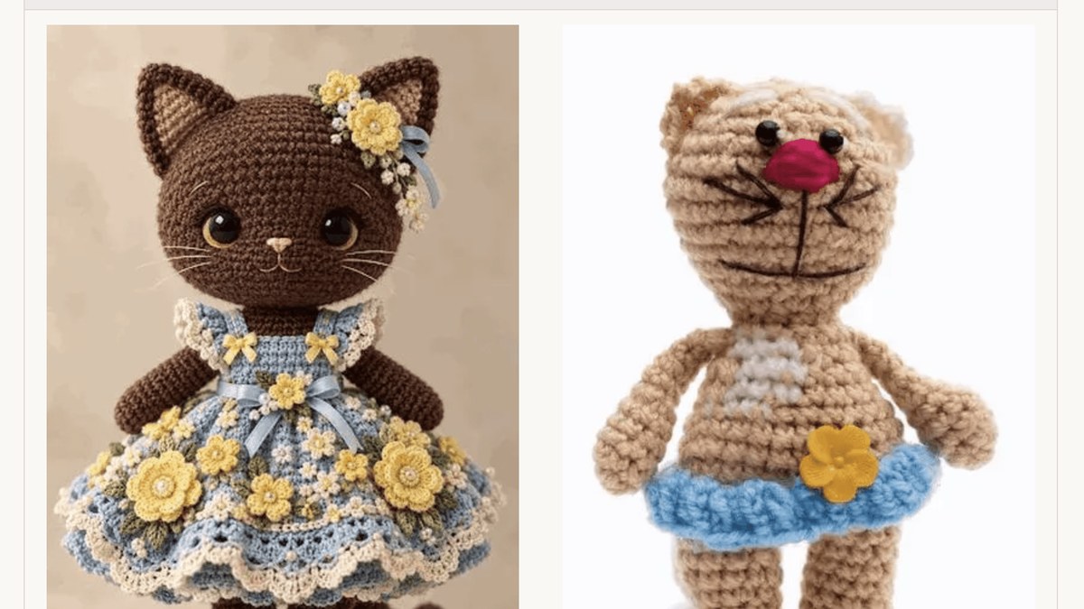Etsy'nin paylaştığı örnek görsel: yapay zekâyla oluşturulmuş süslü örgü kedi oyuncağı ile gerçekte gönderilen sade örgü oyuncak yan yana