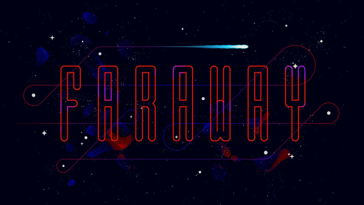Faraway'in resmi kapak görseli: koyu lacivert uzay zemininde kırmızı çizgilerle yazılmış Faraway logosu ve kayan bir yıldız