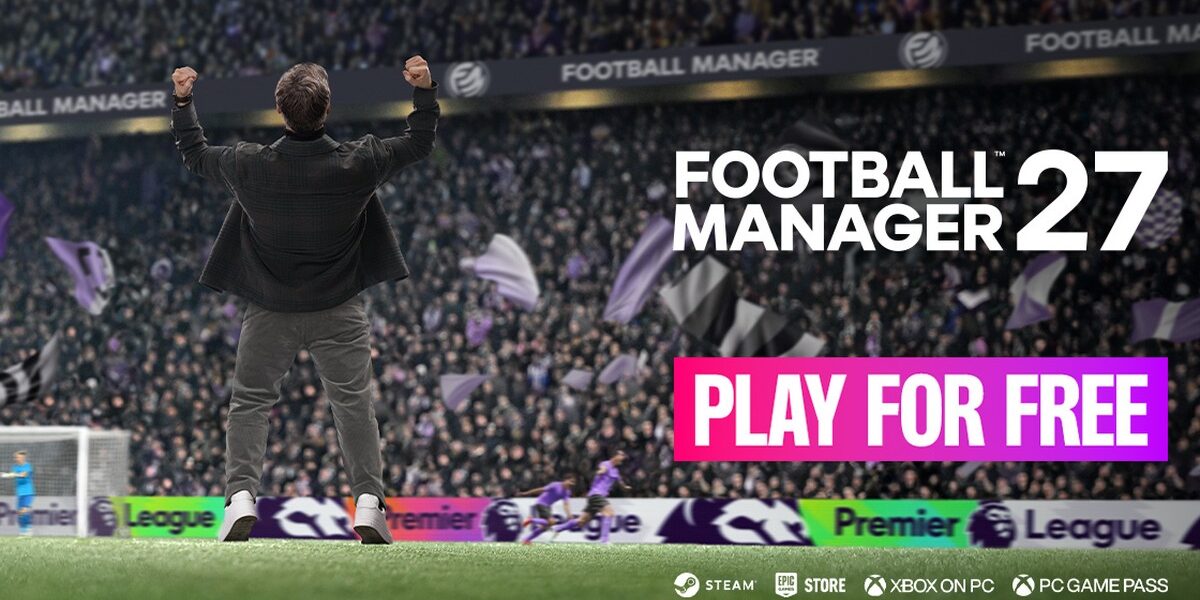 Football Manager 27'nin resmi tanıtım görseli: dolu bir stadyumda kollarını havaya kaldırmış teknik direktör ve Football Manager 27 Play For Free yazısı