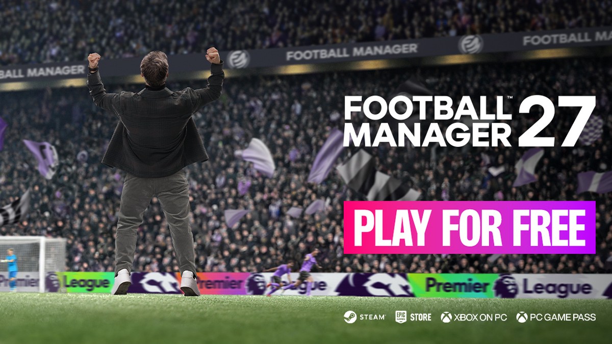 Football Manager 27'nin resmi tanıtım görseli: dolu bir stadyumda kollarını havaya kaldırmış teknik direktör ve Football Manager 27 Play For Free yazısı