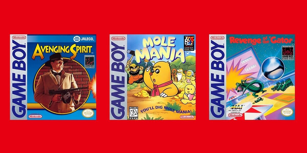 Nintendo'nun resmi görseli: kırmızı zemin üzerinde Avenging Spirit, Mole Mania ve Revenge of the 'Gator Game Boy kutu kapakları