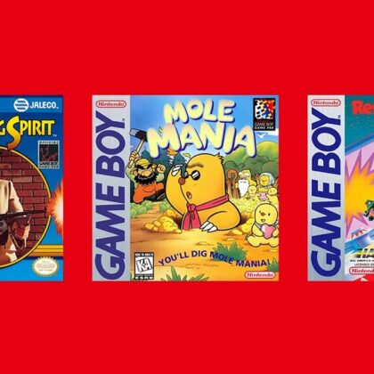 Nintendo'nun resmi görseli: kırmızı zemin üzerinde Avenging Spirit, Mole Mania ve Revenge of the 'Gator Game Boy kutu kapakları