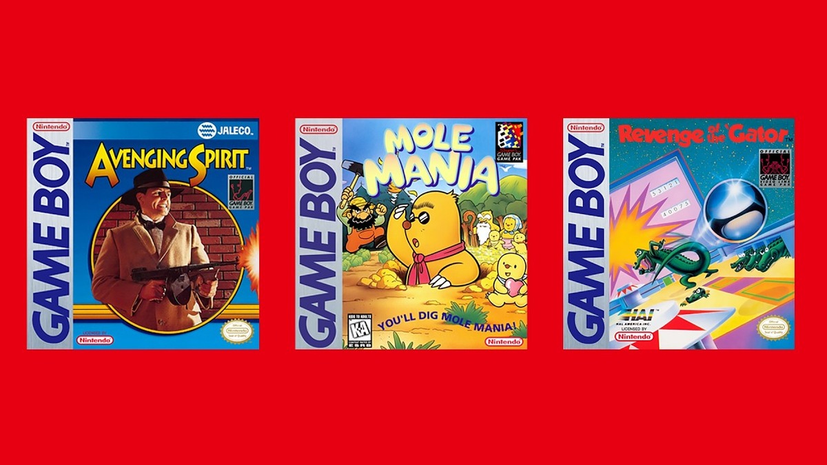 Nintendo'nun resmi görseli: kırmızı zemin üzerinde Avenging Spirit, Mole Mania ve Revenge of the 'Gator Game Boy kutu kapakları