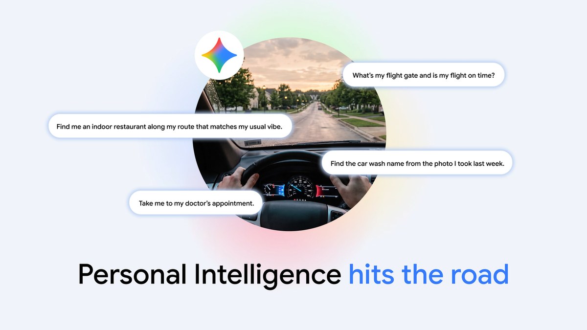 Google'ın Gemini Personal Intelligence tanıtım görseli: direksiyon başındaki sürücünün etrafında Gemini'ye sorulan örnek sorular