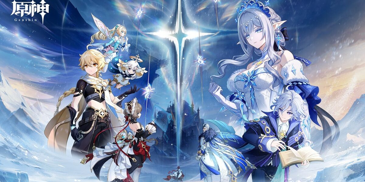 HoYoverse'ün Genshin Impact 7.2 Hour of Ruin için yayınladığı resmi tanıtım görseli: karlı Snezhnaya manzarası önünde Gezgin, Paimon ve Snezhnaya karakterleri