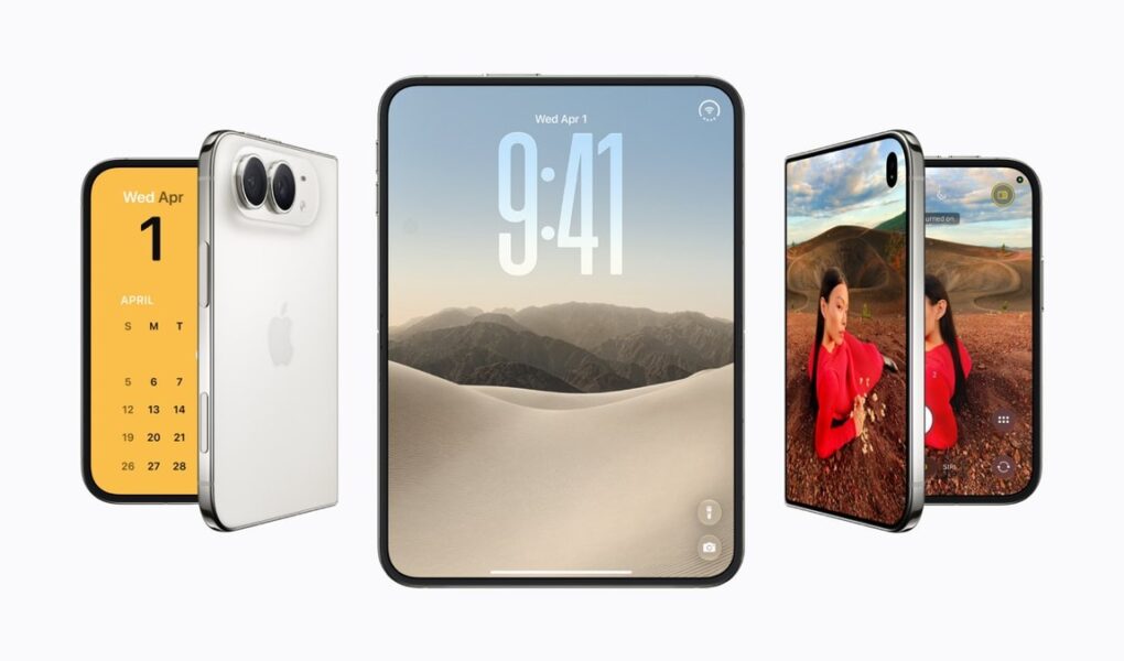 Apple'ın resmi iPhone Duo görseli: katlanabilir iPhone Duo'nun açık ve kapalı hâlleri yan yana