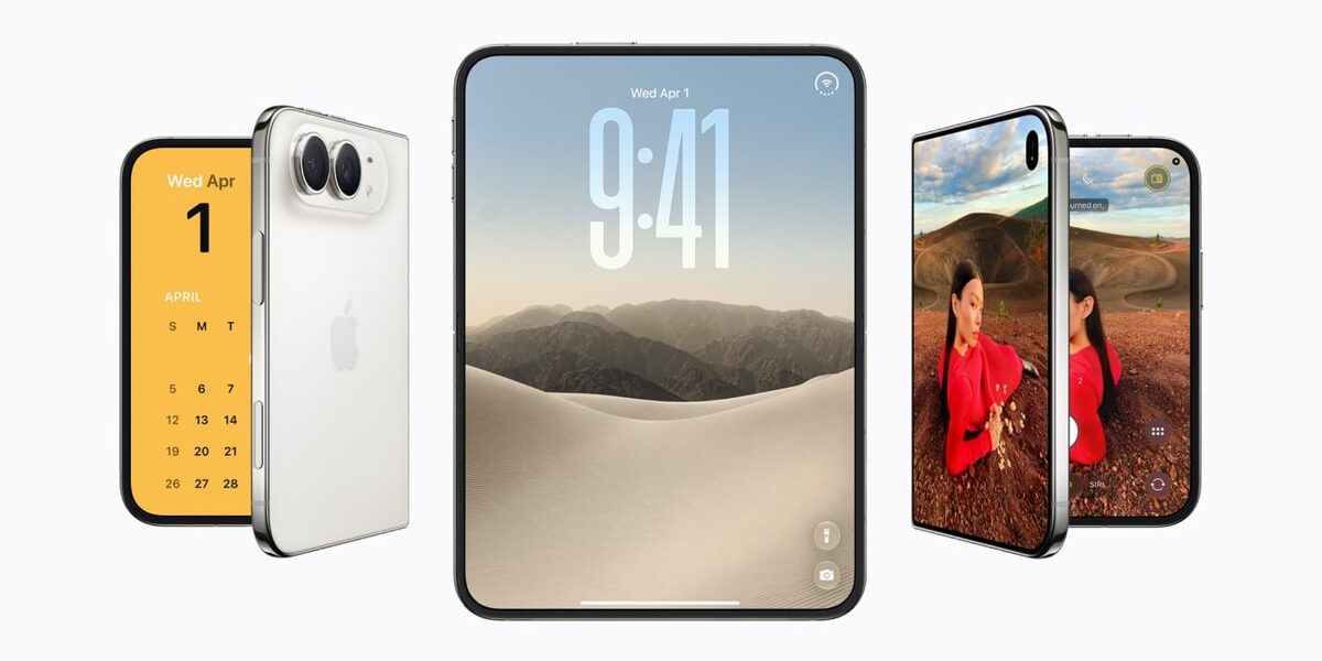 Apple'ın resmi iPhone Duo görseli: katlanabilir iPhone Duo'nun açık ve kapalı hâlleri yan yana