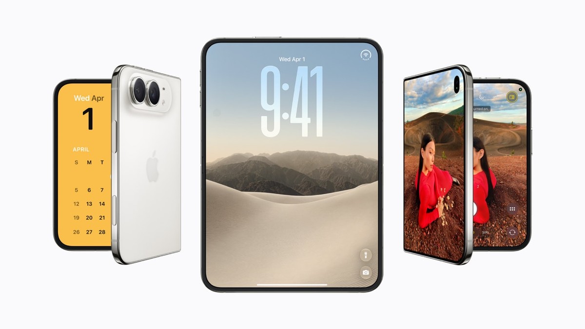 Apple'ın resmi iPhone Duo görseli: katlanabilir iPhone Duo'nun açık ve kapalı hâlleri yan yana