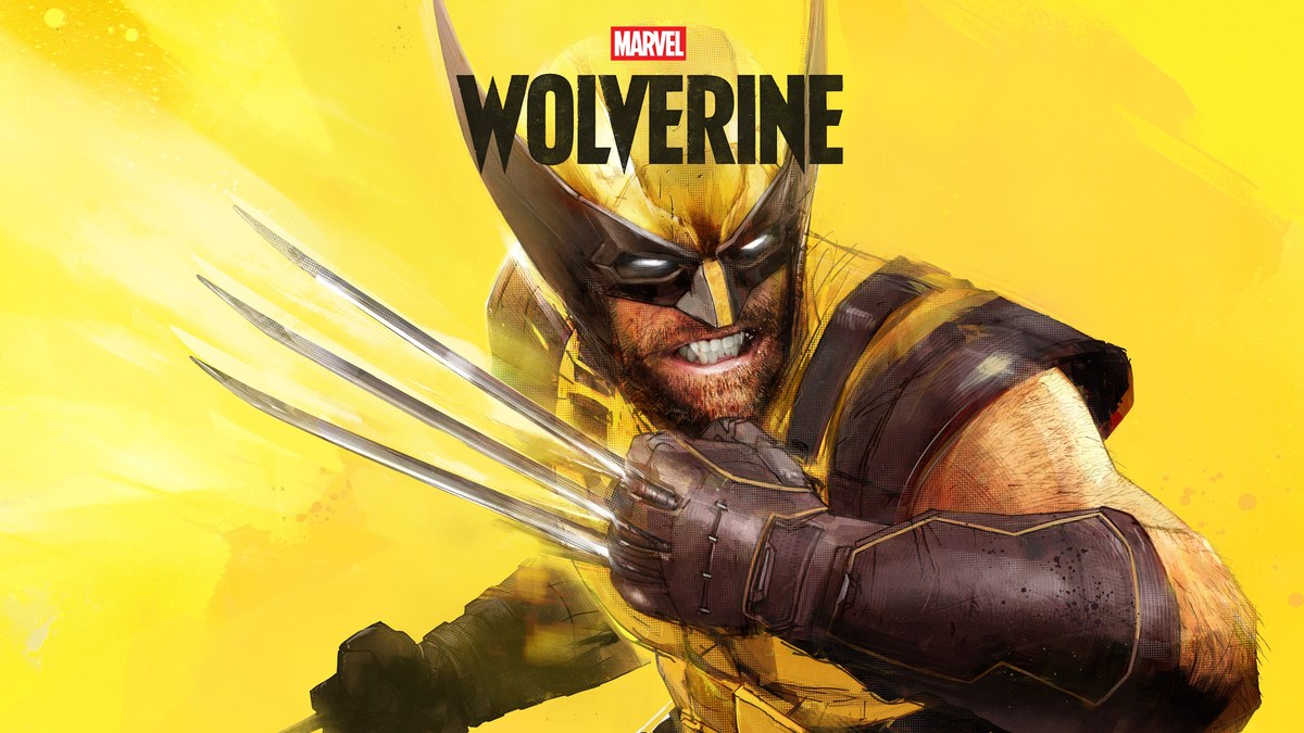 Marvel's Wolverine'in resmi PlayStation görseli: sarı zemin önünde pençelerini çıkarmış Wolverine ve oyun logosu