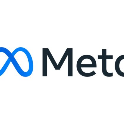 Meta'nın resmi logosu: mavi sonsuzluk simgesi ve Meta yazısı beyaz zemin üzerinde