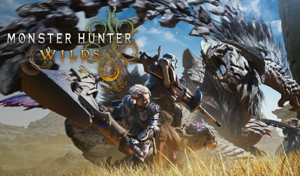Monster Hunter Wilds'ın resmi Capcom görseli: dev bir canavara karşı silahını kaldıran avcı ve oyun logosu