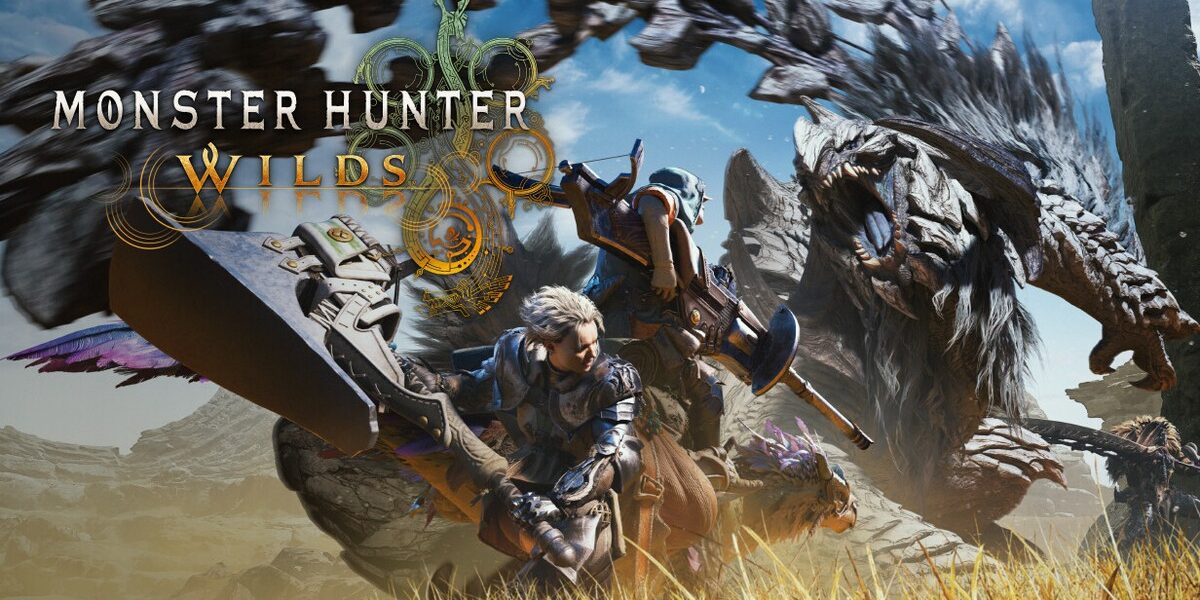 Monster Hunter Wilds'ın resmi Capcom görseli: dev bir canavara karşı silahını kaldıran avcı ve oyun logosu