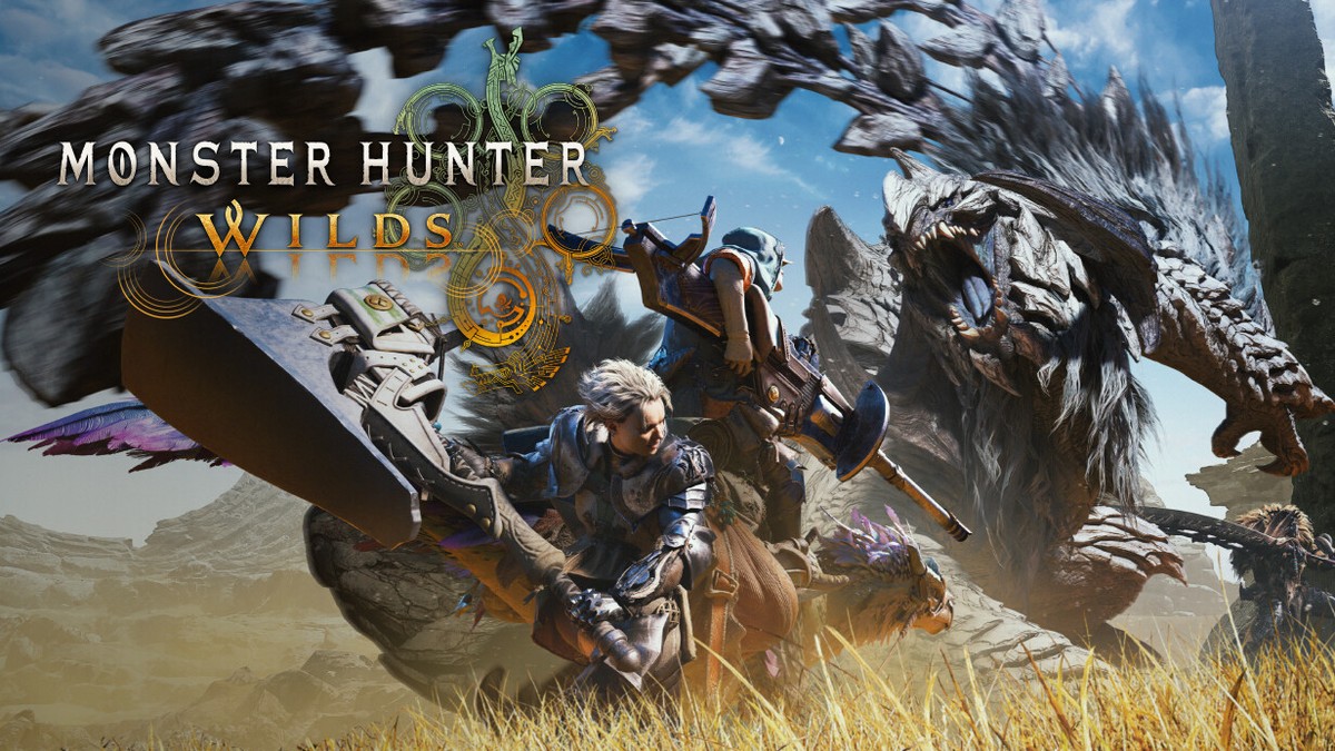 Monster Hunter Wilds'ın resmi Capcom görseli: dev bir canavara karşı silahını kaldıran avcı ve oyun logosu