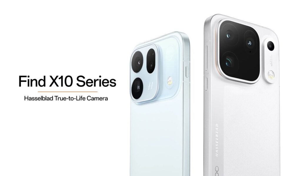Oppo'nun resmi tanıtım görseli: beyaz Find X10 ve Find X10 Pro Max telefonların arka kamera modülleri ve Find X10 Series yazısı