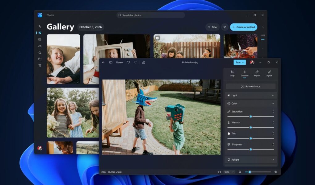 Windows 11 yeni Fotoğraflar uygulamasının galeri ve düzenleyici ekranlarını gösteren resmi Microsoft görseli