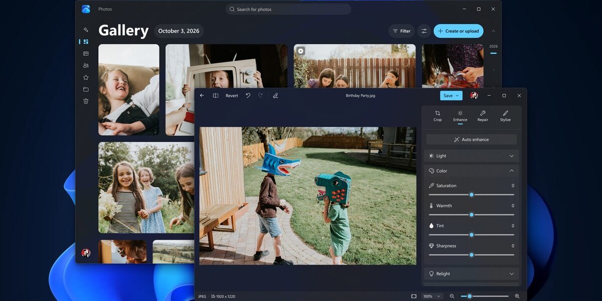 Windows 11 yeni Fotoğraflar uygulamasının galeri ve düzenleyici ekranlarını gösteren resmi Microsoft görseli