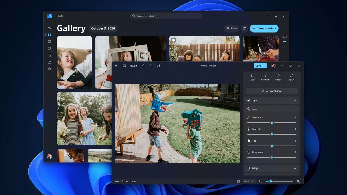 Windows 11 yeni Fotoğraflar uygulamasının galeri ve düzenleyici ekranlarını gösteren resmi Microsoft görseli