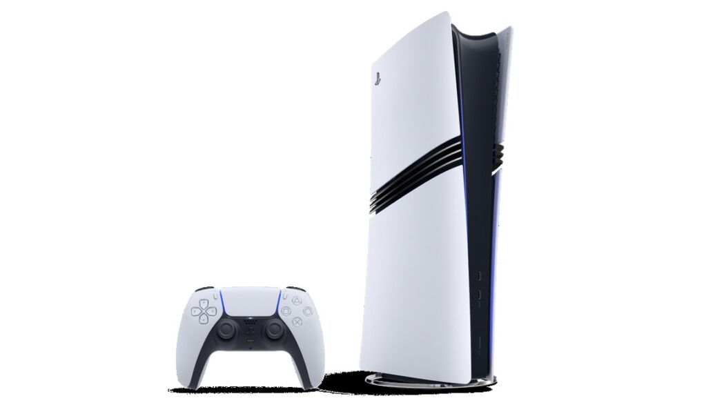 Sony'nin resmi PlayStation 5 Pro görseli: dikey duran beyaz konsol ve yanında DualSense kontrolcü