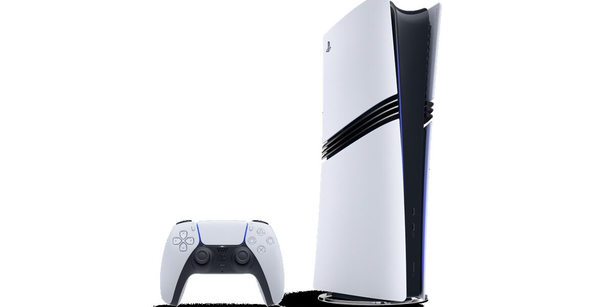 Sony'nin resmi PlayStation 5 Pro görseli: dikey duran beyaz konsol ve yanında DualSense kontrolcü