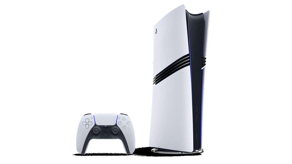 Sony'nin resmi PlayStation 5 Pro görseli: dikey duran beyaz konsol ve yanında DualSense kontrolcü