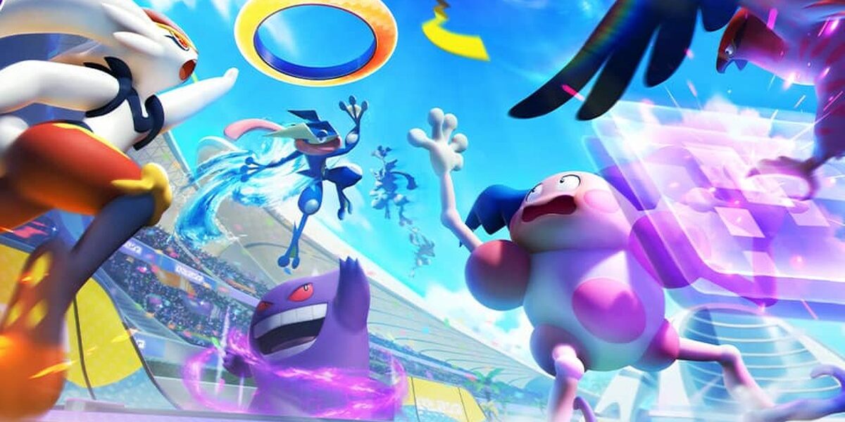 Pokémon UNITE'in resmi tanıtım görseli: arenada karşı karşıya gelen Cinderace, Greninja, Gengar ve Mr. Mime