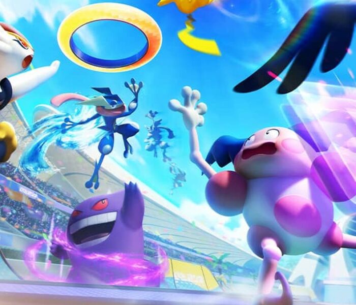 Pokémon UNITE'in resmi tanıtım görseli: arenada karşı karşıya gelen Cinderace, Greninja, Gengar ve Mr. Mime
