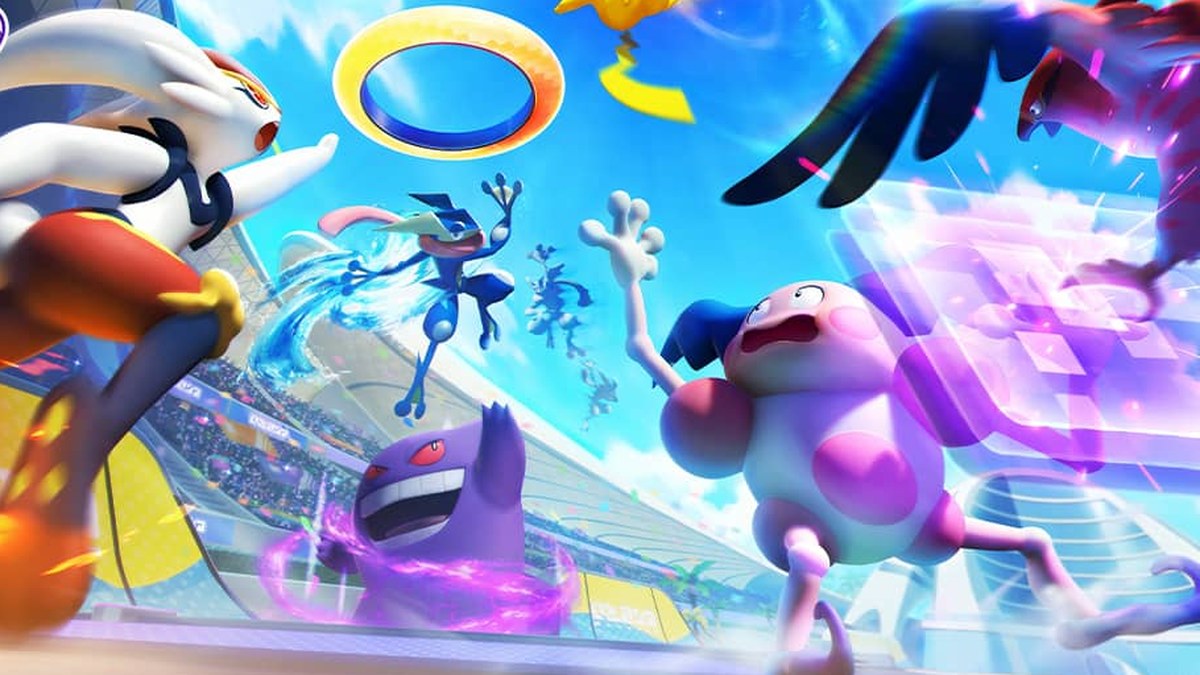 Pokémon UNITE'in resmi tanıtım görseli: arenada karşı karşıya gelen Cinderace, Greninja, Gengar ve Mr. Mime