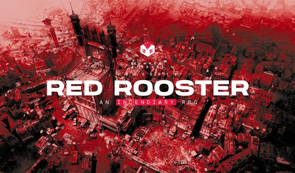 Red Rooster'ın resmi Summer Eternal görseli: kırmızı tonlarda bir şehir manzarası üzerinde Red Rooster logosu