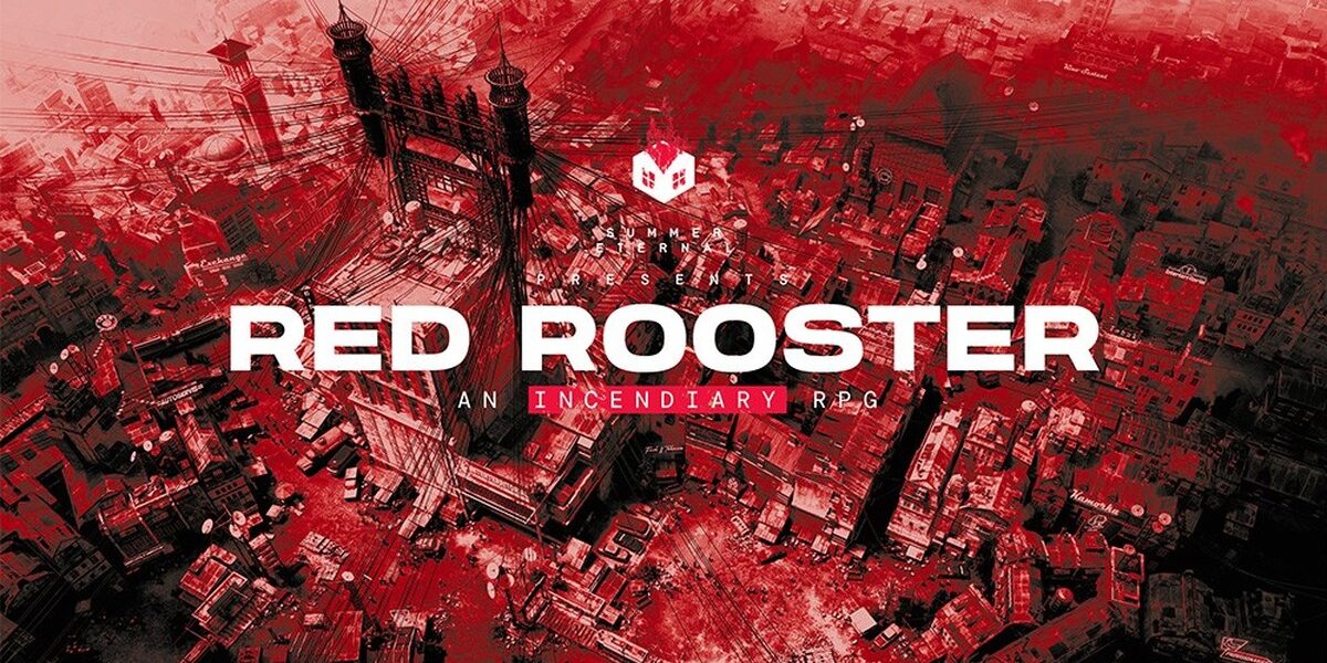 Red Rooster'ın resmi Summer Eternal görseli: kırmızı tonlarda bir şehir manzarası üzerinde Red Rooster logosu