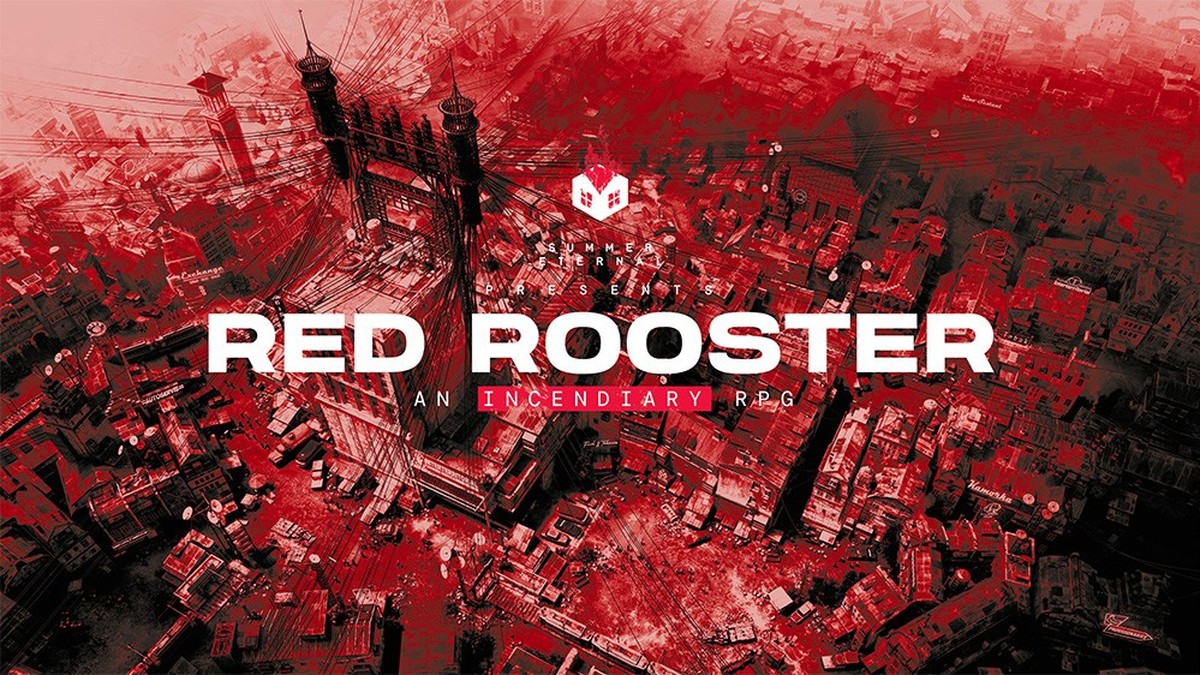 Red Rooster'ın resmi Summer Eternal görseli: kırmızı tonlarda bir şehir manzarası üzerinde Red Rooster logosu