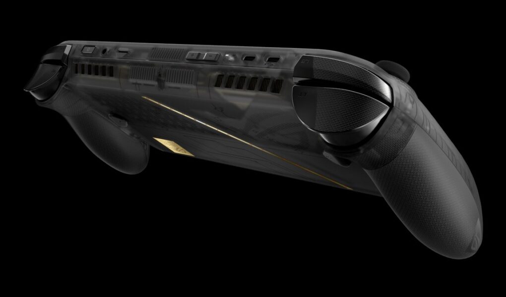 Asus ROG Xbox Ally X20'nin resmi ürün görseli: siyah zemin önünde yarı saydam siyah ve altın detaylı el konsolu