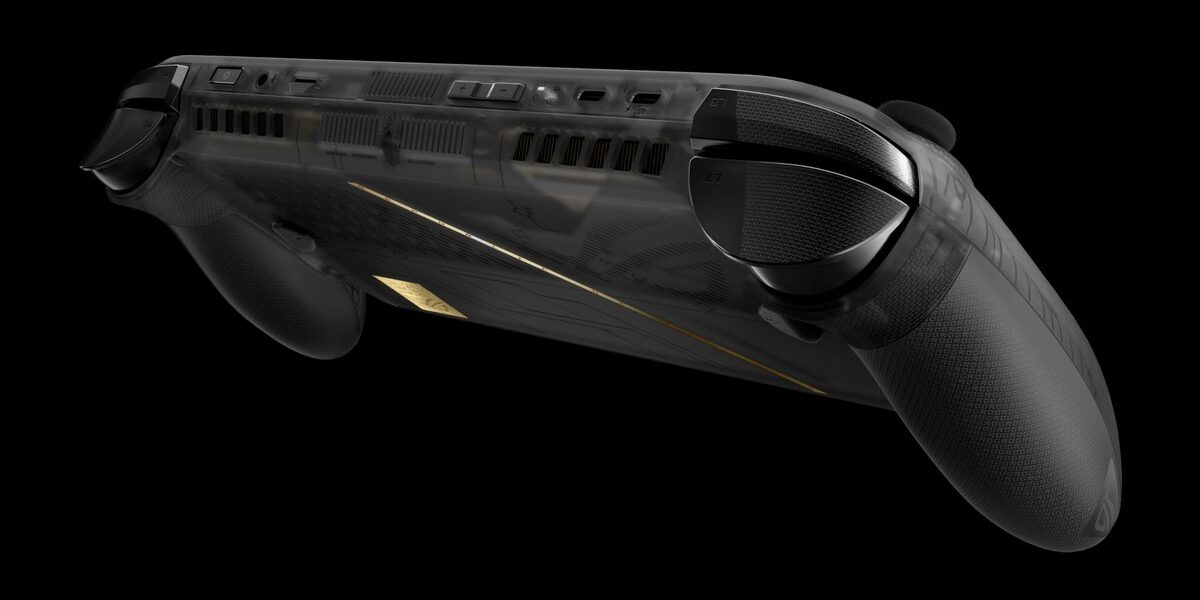 Asus ROG Xbox Ally X20'nin resmi ürün görseli: siyah zemin önünde yarı saydam siyah ve altın detaylı el konsolu