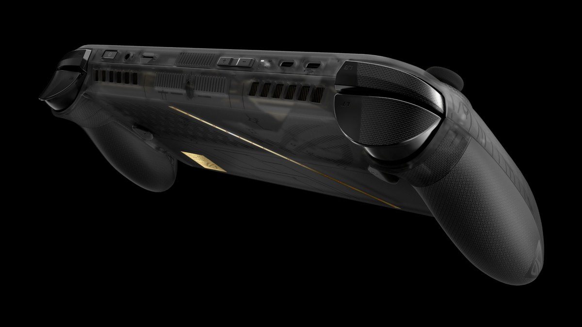 Asus ROG Xbox Ally X20'nin resmi ürün görseli: siyah zemin önünde yarı saydam siyah ve altın detaylı el konsolu