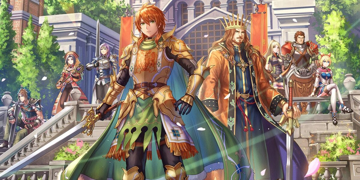 Romancing SaGa 2: Revenge of the Seven'ın resmi Square Enix key art'ı: saray merdivenlerinde duran imparator ve yol arkadaşları