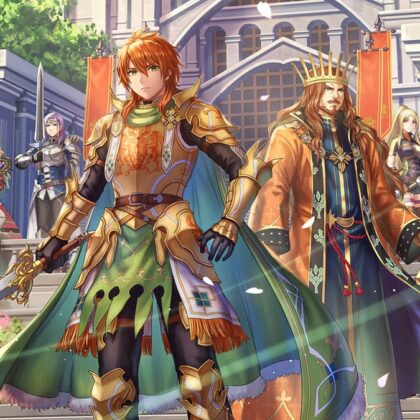 Romancing SaGa 2: Revenge of the Seven'ın resmi Square Enix key art'ı: saray merdivenlerinde duran imparator ve yol arkadaşları