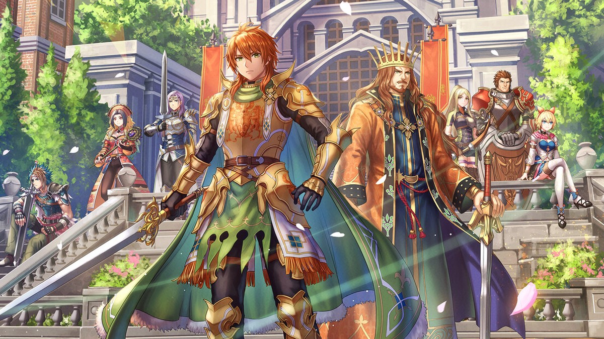 Romancing SaGa 2: Revenge of the Seven'ın resmi Square Enix key art'ı: saray merdivenlerinde duran imparator ve yol arkadaşları