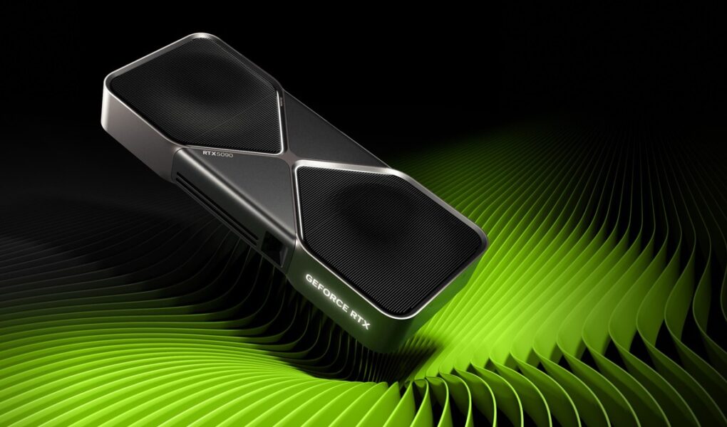 Nvidia'nın resmi GeForce RTX 5090 Founders Edition görseli: yeşil dalgalı zemin üzerinde siyah ekran kartı